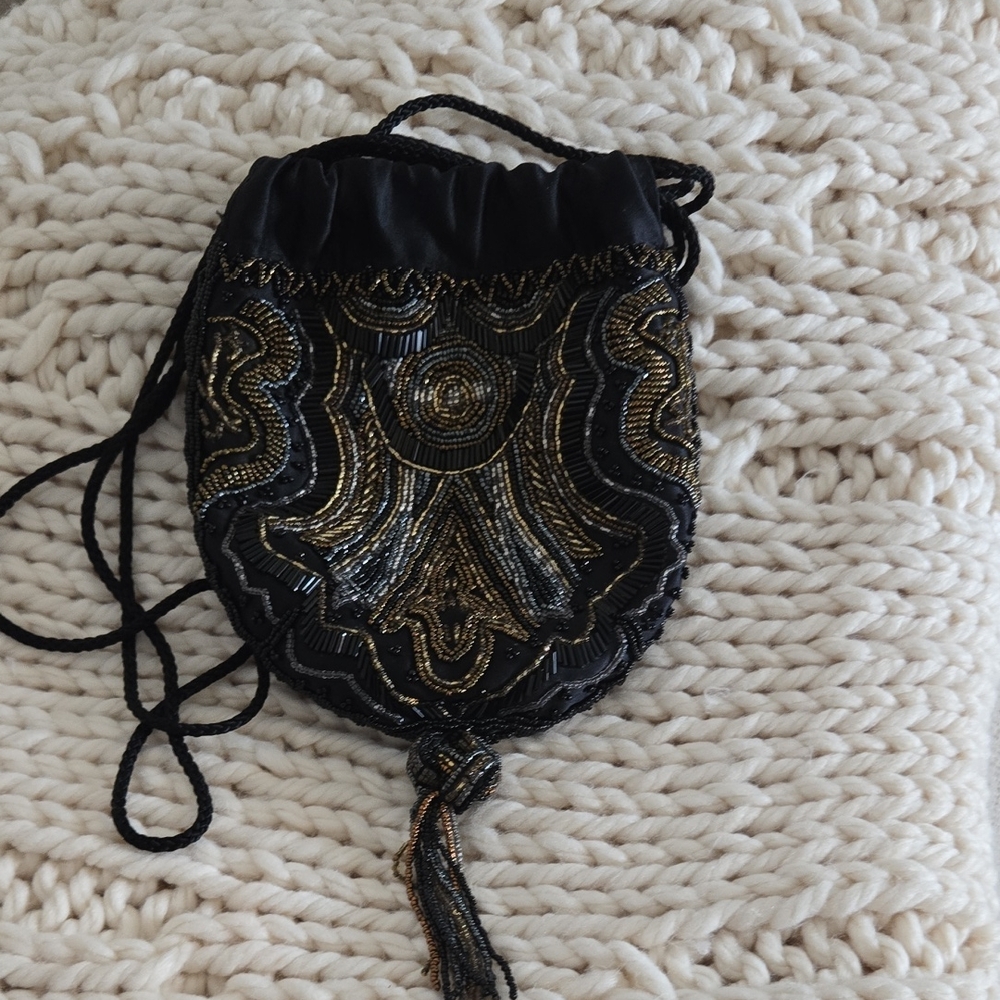 Magid Black and Gold Beaded Wristlet